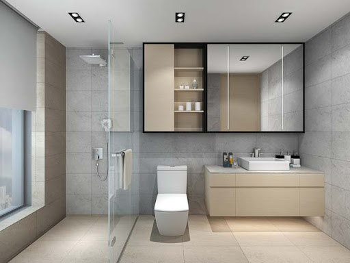 Trong nh&agrave; ống 5 tầng kết hợp kinh doanh, ph&ograve;ng tắm - vệ sinh được ph&acirc;n t&aacute;ch bởi v&aacute;ch ngăn k&iacute;nh trong suốt, đảm bảo sự th&ocirc;ng tho&aacute;ng, kh&ocirc; r&aacute;o cho căn ph&ograve;ng.