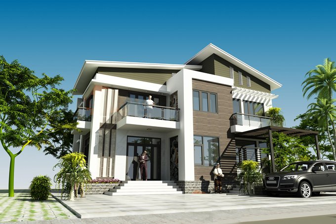 Phối cảnh 3D mẫu biệt thự 2 tầng hiện đại Phối cảnh 3D mẫu biệt thự 2 tầng phong cách hiện đại, nhiều khoảng xanh