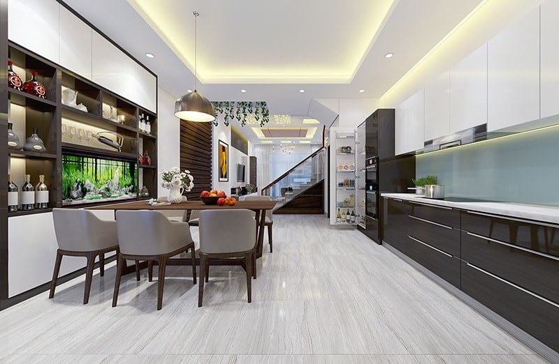 Phòng bếp ăn tiện nghi, ấm cúng Phòng bếp - ăn rộng rãi, tiện nghi nằm ở phía trong, phân tách với phòng khách bởi cầu thang lan can kính cường lực trong suốt.