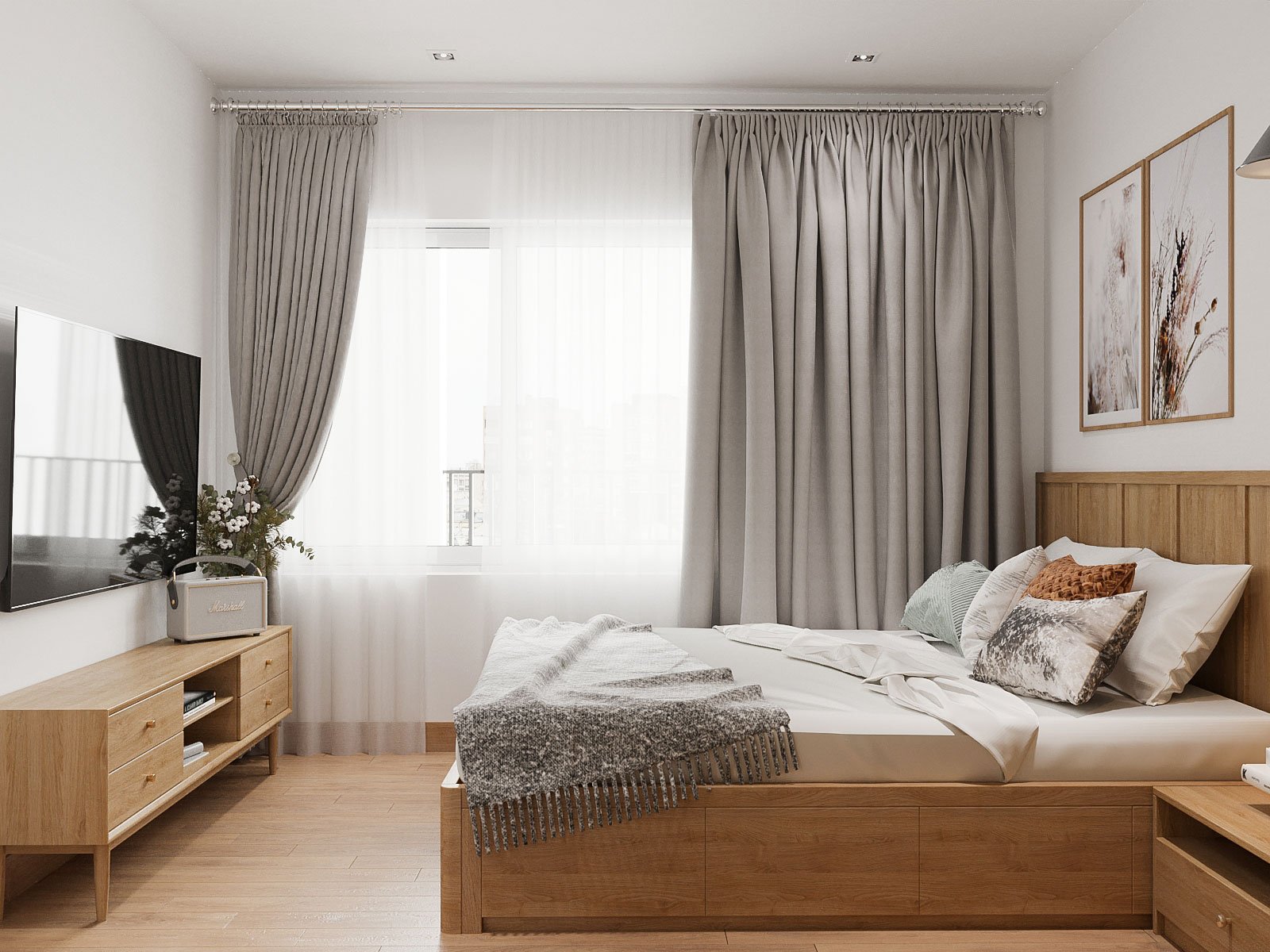 Điểm cộng của căn hộ 73m2 này là các phòng ngủ đều có cửa sổ. Gia chủ sử dụng rèm cửa hai lớp với lớp voan trắng mỏng nhẹ nhàng, lãng mạn, giúp điều tiết linh hoạt ánh sáng tự nhiên vào phòng tùy theo nhu cầu.