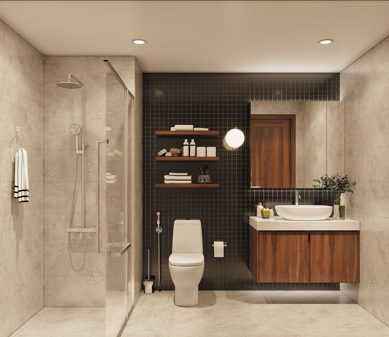 Ph&ograve;ng tắm, vệ sinh thiết kế đơn giản m&agrave; ấn tượng với mảng tường ốp gạch thẻ m&agrave;u đen gi&uacute;p gia tăng chiều s&acirc;u cho căn ph&ograve;ng.