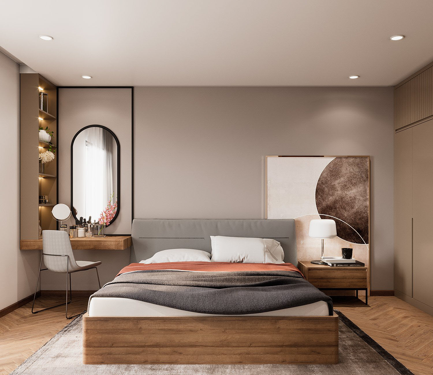 Ph&ograve;ng ngủ master được thiết kế với gam m&agrave;u s&aacute;ng nhẹ nh&agrave;ng, decor đơn giản m&agrave; tinh tế, hấp dẫn với gương bầu dục gắn tường kết hợp c&ugrave;ng tranh tường nghệ thuật trừu tượng.