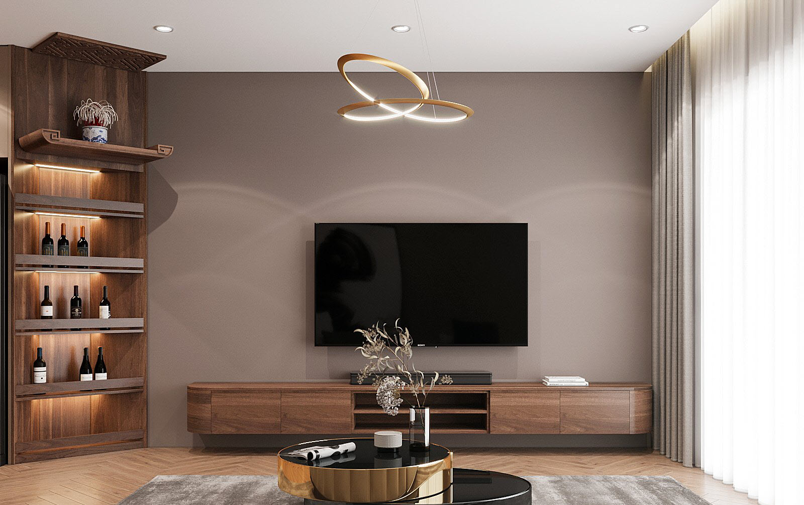 Tường đối diện sofa được sơn m&agrave;u đậm hơn một ch&uacute;t nhằm tạo điểm nhấn cho kh&ocirc;ng gian sinh hoạt chung. Kệ tivi v&agrave; tủ rượu liền kề c&ugrave;ng chất liệu, m&agrave;u sắc tạo cảm gi&aacute;c ấm &aacute;p.