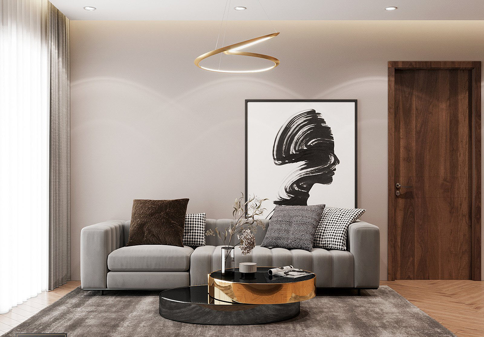 Ph&ograve;ng kh&aacute;ch căn hộ được thiết kế tối giản với bộ ghế sofa m&agrave;u ghi v&agrave; b&agrave;n tr&agrave; tr&ograve;n độc đ&aacute;o đặt tr&ecirc;n thảm trải ghi x&aacute;m. Tất cả to&aacute;t l&ecirc;n vẻ sang trọng, cuốn h&uacute;t.