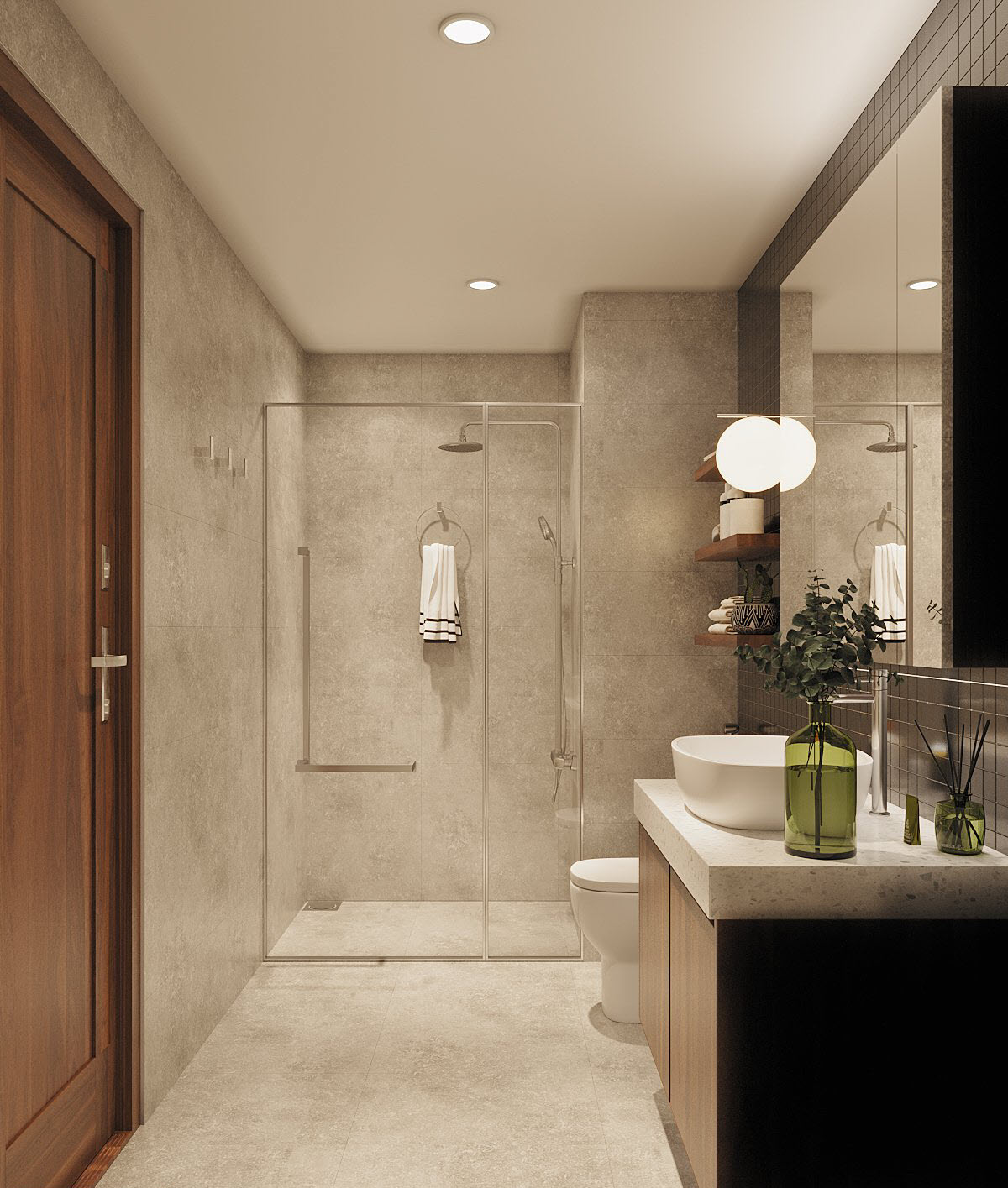 Tường v&agrave; s&agrave;n ốp gạch m&agrave;u x&aacute;m b&ecirc; t&ocirc;ng mộc mạc tạo cảm gi&aacute;c thư gi&atilde;n v&agrave; tho&aacute;ng rộng hơn cho ph&ograve;ng vệ sinh trong căn hộ 60m2.