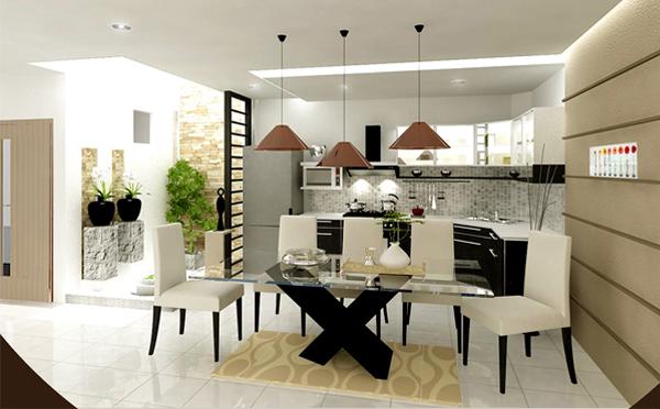 Phòng bếp kết hợp phòng ăn luôn thoáng đãng, nhiều ánh sáng tự nhiên nhờ khoảng thông tầng, tiểu cảnh ngay cạnh.