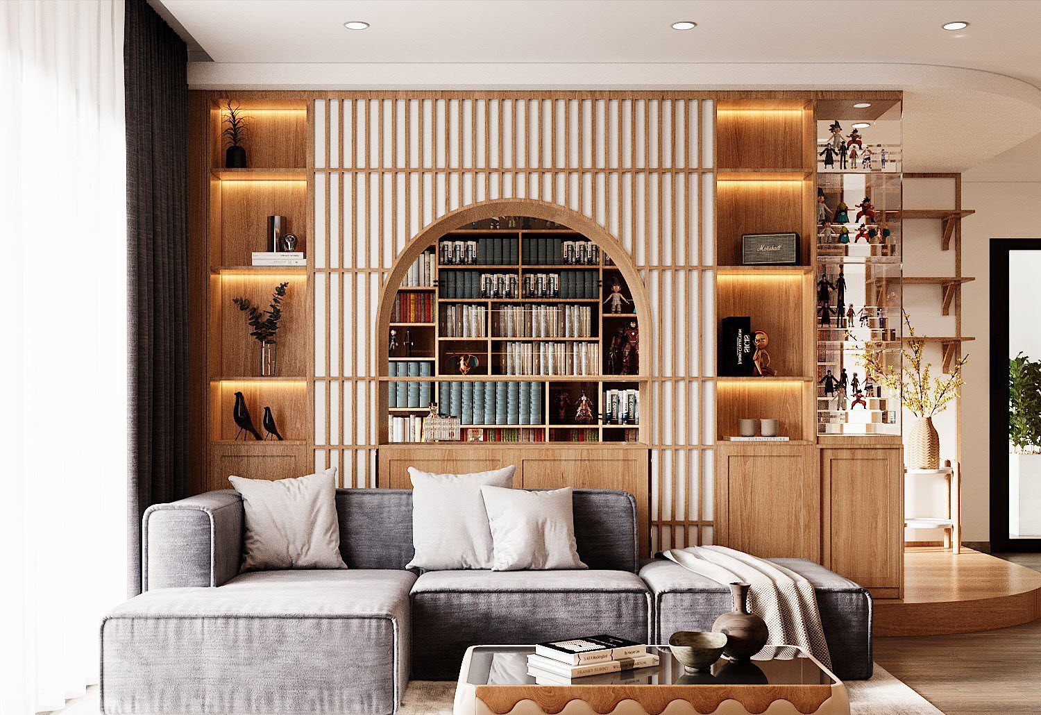 Ph&ograve;ng kh&aacute;ch tối giản được đ&oacute;ng khung bởi bộ sofa m&agrave;u ghi x&aacute;m trung t&iacute;nh, b&agrave;n tr&agrave; kiểu d&aacute;ng hiện đại đặt tr&ecirc;n thảm trải c&ugrave;ng t&ocirc;ng m&agrave;u với sofa.