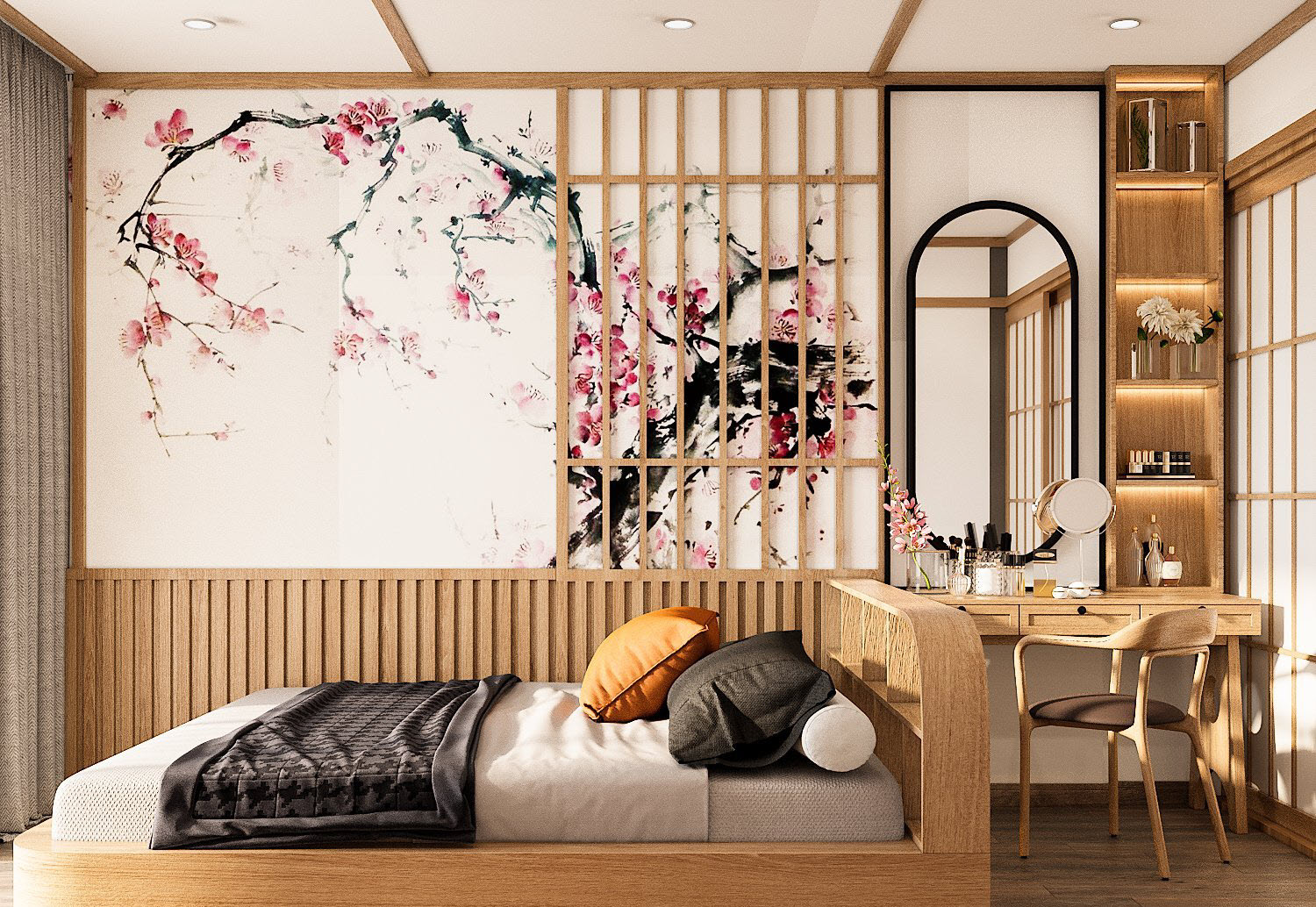 ph&ograve;ng ngủ với tranh tường hoa anh đ&agrave;o nổi bật