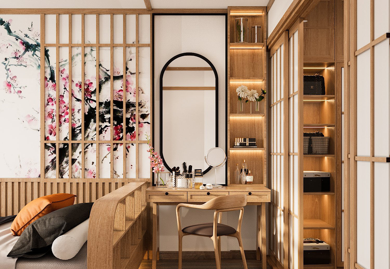 G&oacute;c trang điểm gọn xinh, được bố tr&iacute; ngay đầu giường ngủ với hệ kệ &acirc;m tường th&ocirc;ng minh.