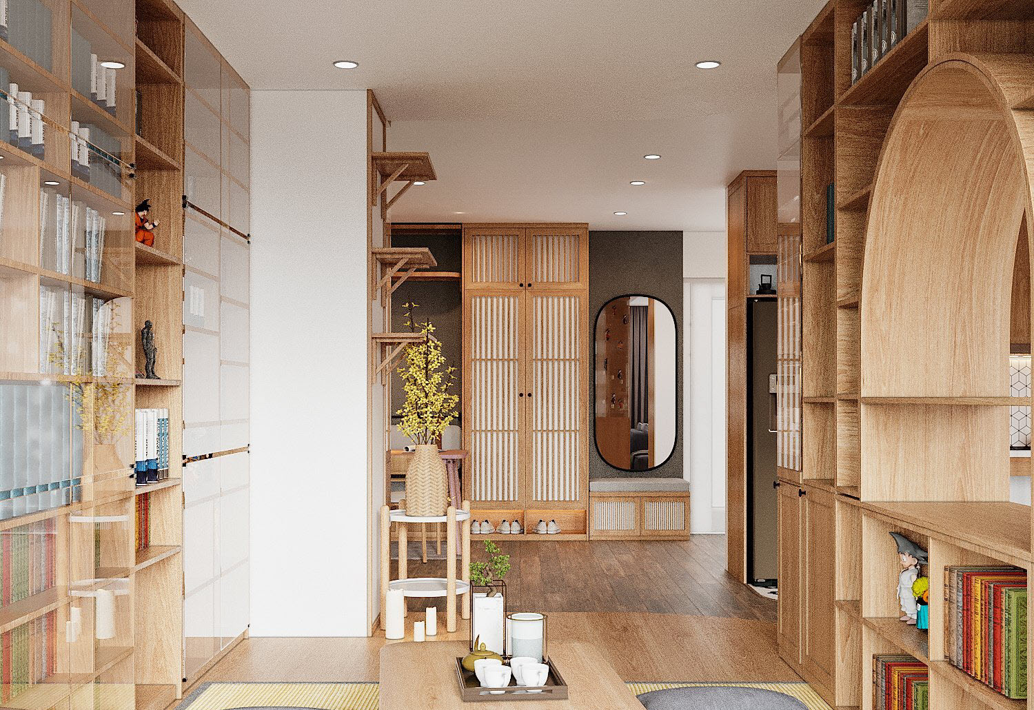Từ g&oacute;c n&agrave;y, bạn c&oacute; thể nh&igrave;n thấy lối v&agrave;o căn hộ được decor nhẹ nh&agrave;ng với tủ lưu trữ bằng gỗ gọn xinh, gương soi h&igrave;nh bầu dọc gắn tường, b&igrave;nh hoa trang tr&iacute;...