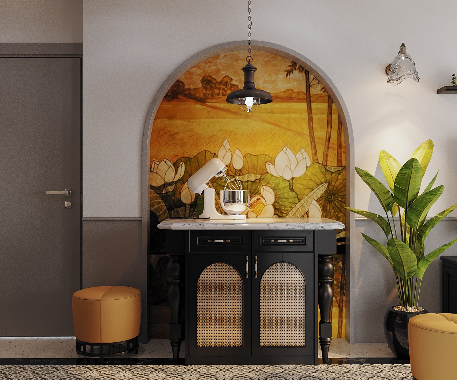 Dễ thấy, các chi tiết hình vòm xuất hiện khá nhiều trong căn hộ 70m2 này. Đây cũng là điểm đặc trưng của nội thất phong cách Indochine.