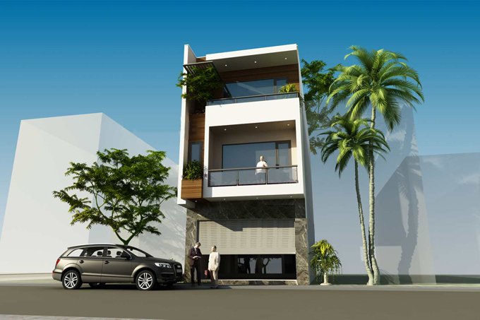 Phối cảnh 3D mẫu nhà ống 3 tầng phong cách hiện đại