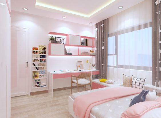 Mẫu phòng ngủ xinh yêu, gọn thoáng dành cho cô con gái. Ghế ngồi bên cửa sổ kính thoáng sáng là nơi trẻ đọc sách, thư giãn, tán gẫu cùng bạn bè.