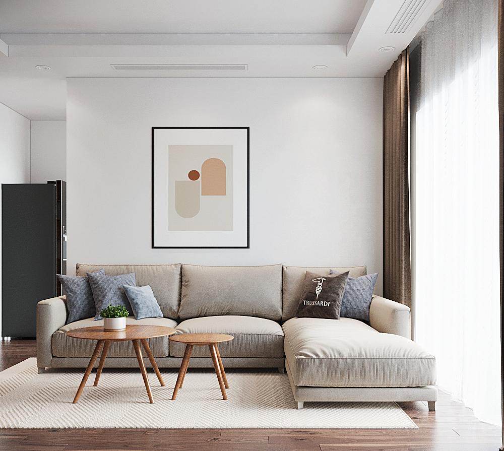 Phòng khách căn hộ 70m2 có diện tích vừa phải, ngập tràn ánh sáng tự nhiên. Không gian chức năng này được bài trí mang hơi hướng Bắc Âu hiện đại với sofa màu xám sáng thanh lịch, bàn trà gỗ đôi có phần chân cao thoáng.