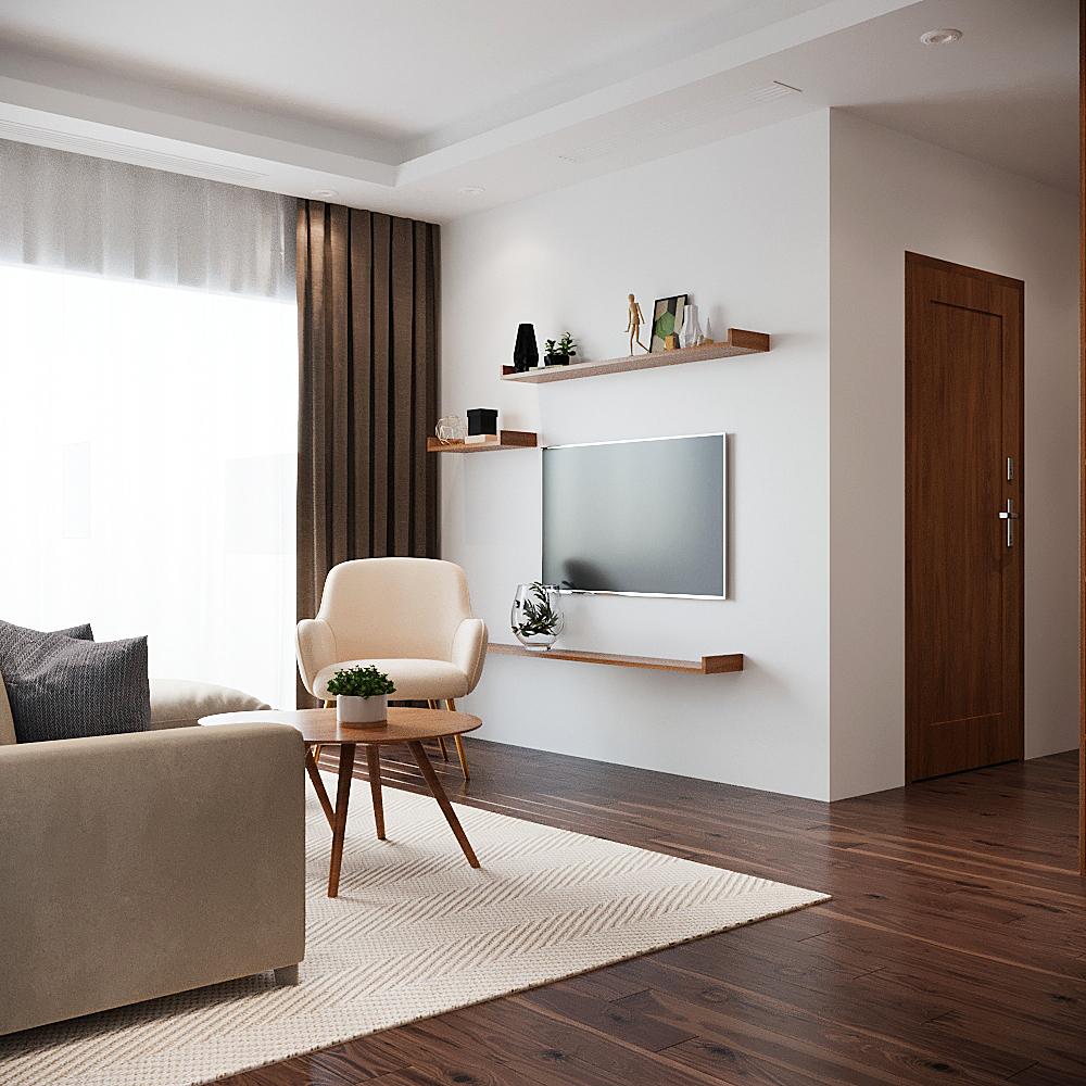 Hệ kệ mở gắn tường bằng gỗ đơn giản tạo độ thoáng cho không gian phòng. Nơi đây, gia chủ bày phụ kiện trang trí yêu thích.