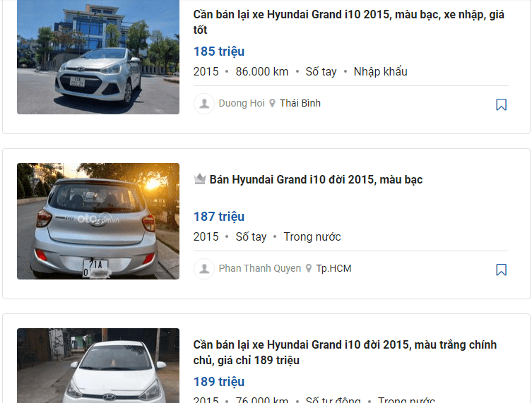 Mẫu xe cũ thuộc ph&acirc;n kh&uacute;c A được rao b&aacute;n nhiều nhất trong tuần l&agrave; Hyundai Grand i10 đời 2015.