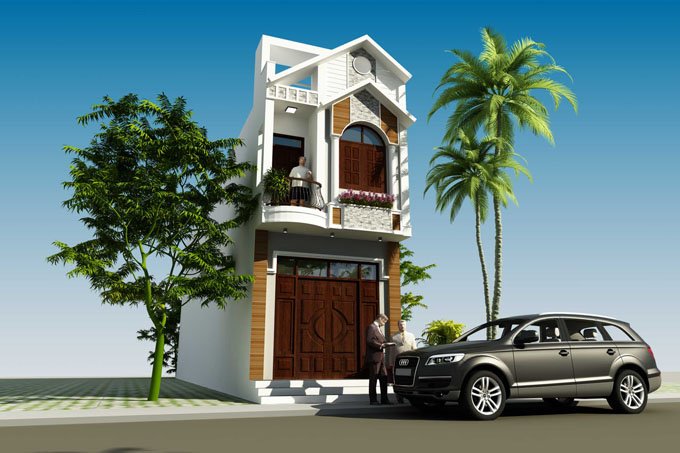 Phối cảnh 3D mẫu nhà ống 2 tầng trên đất rộng 80m2