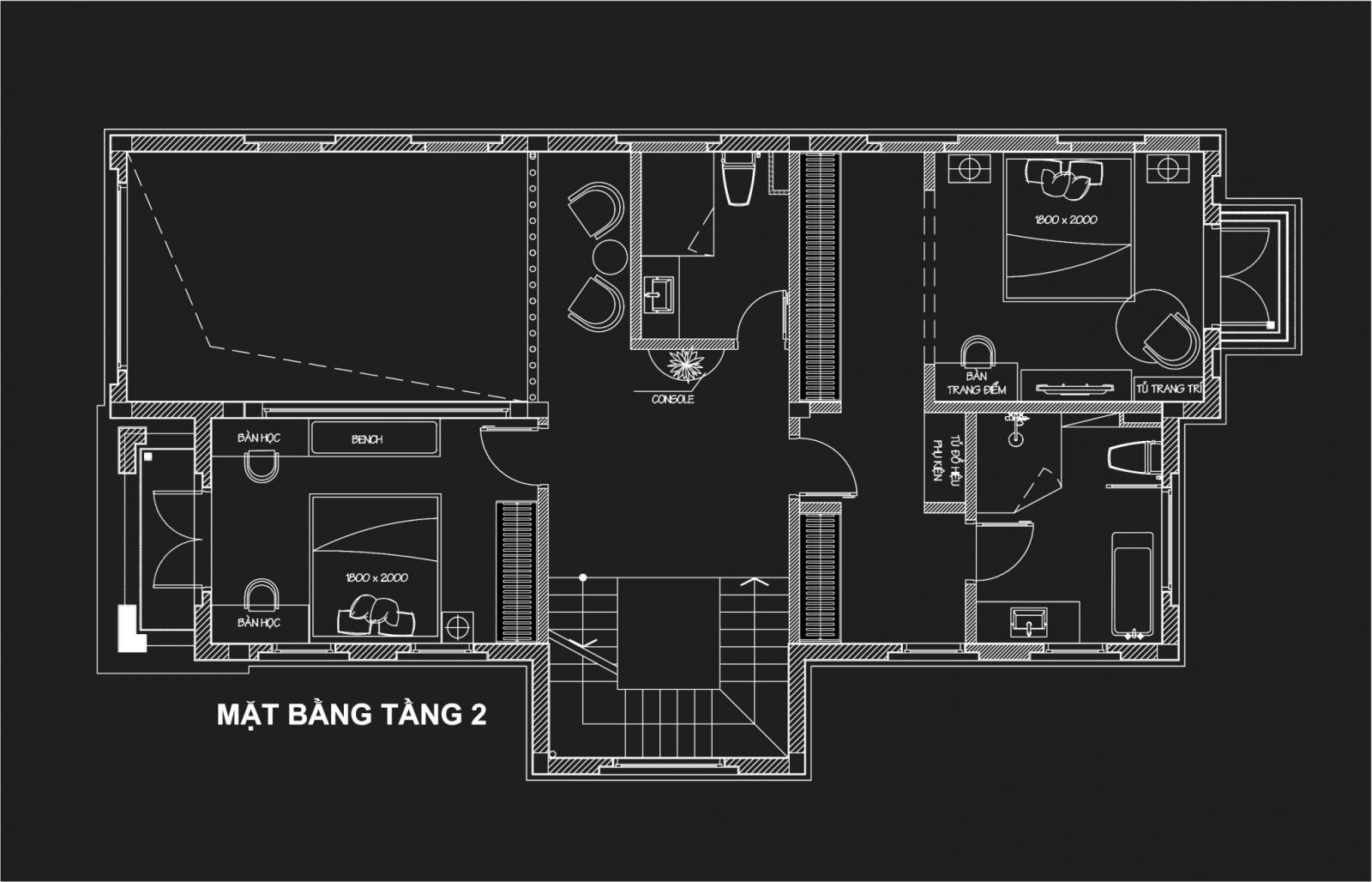 Mặt bằng bố tr&iacute; nội thất tầng 2 biệt thự