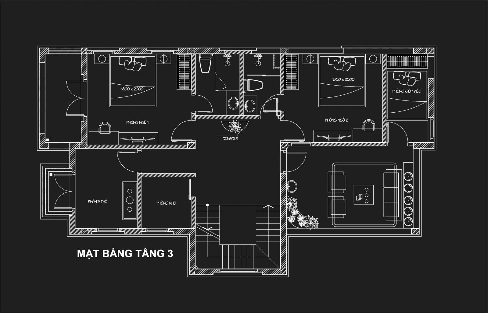 Mặt bằng bố tr&iacute; nội thất tầng 3 biệt thự