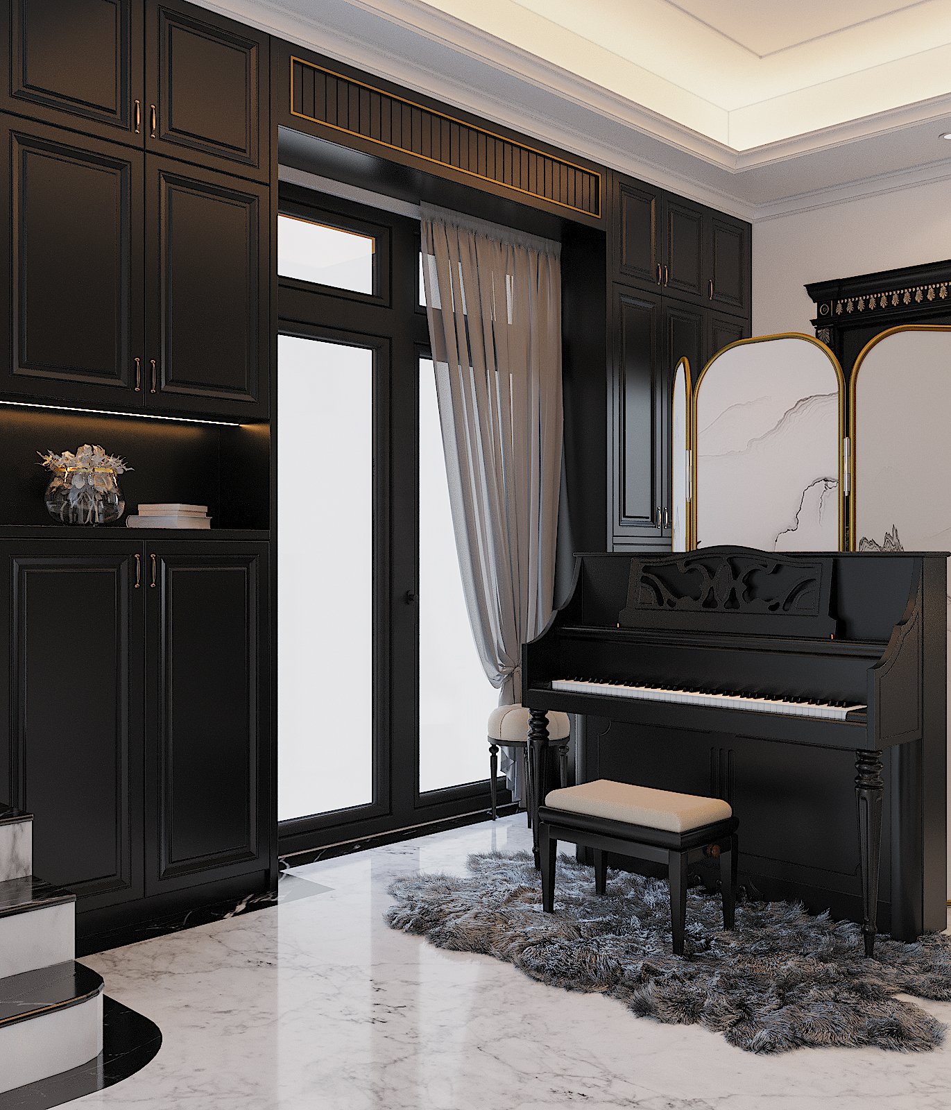 Kh&ocirc;ng gian trống cạnh ch&acirc;n cầu thang được tận dụng để đặt đ&agrave;n piano.