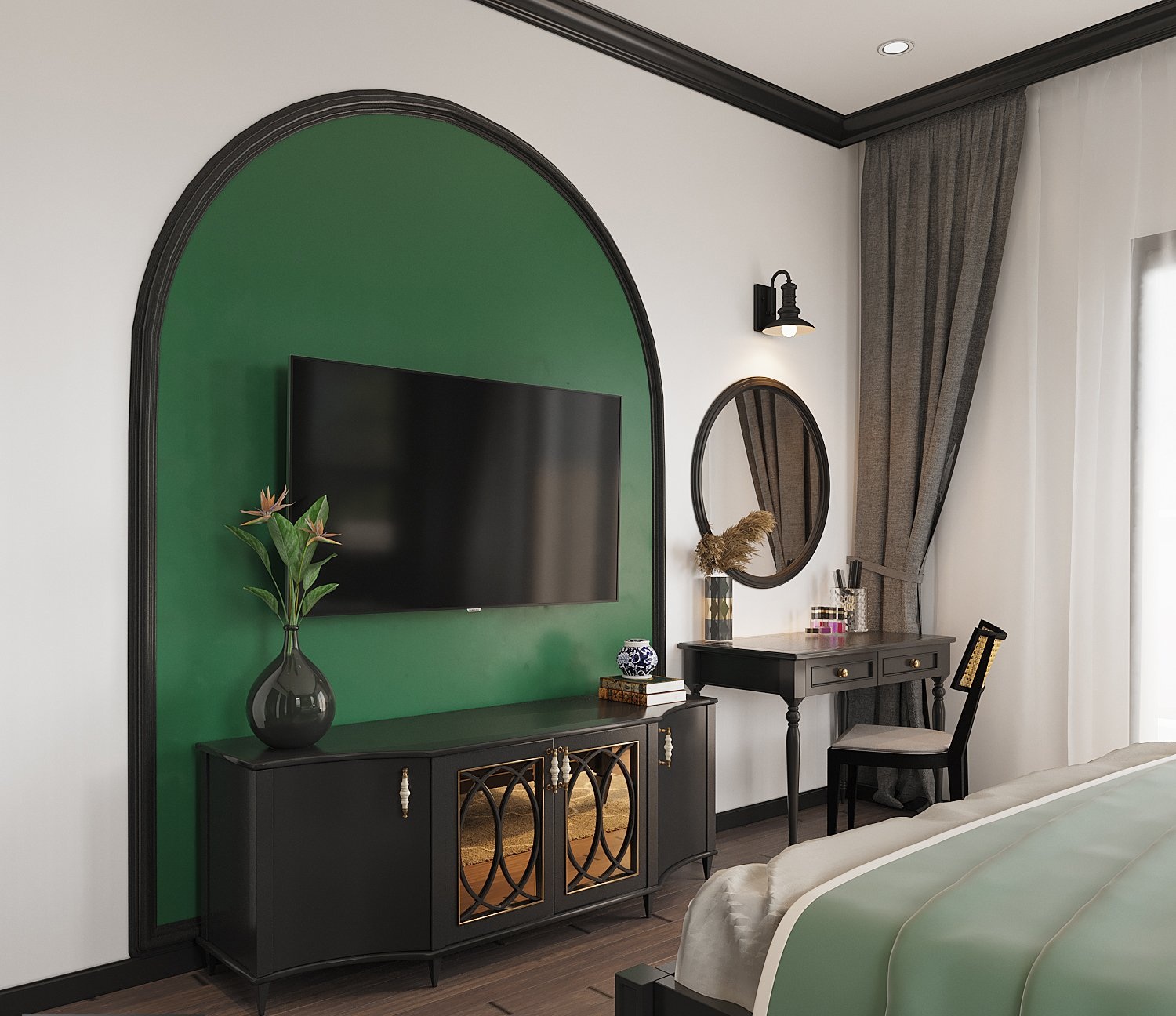 Tủ kệ tivi, b&agrave;n trang điểm được bố tr&iacute; dọc bức tường ph&iacute;a cuối ch&acirc;n giường, kh&ocirc;ng cản đường đi của &aacute;nh s&aacute;ng tự nhi&ecirc;n từ khung cửa cao rộng.