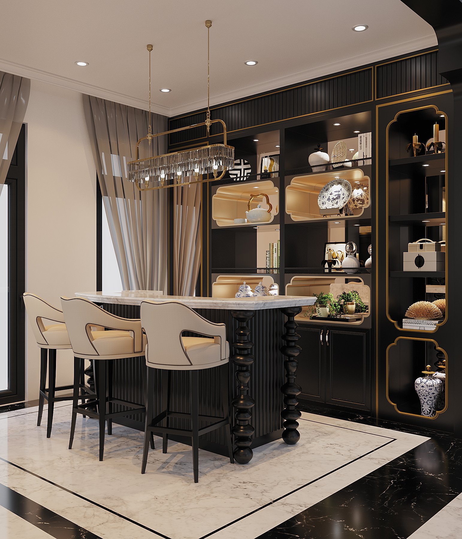 Quầy bar sang trọng liền kề với ph&ograve;ng kh&aacute;ch. Hệ tủ lưu trữ ki&ecirc;m chức năng trang tr&iacute; được thiết kế với t&ocirc;ng m&agrave;u đen huyền b&iacute;, gi&uacute;p gia tăng chiều s&acirc;u kh&ocirc;ng gian.