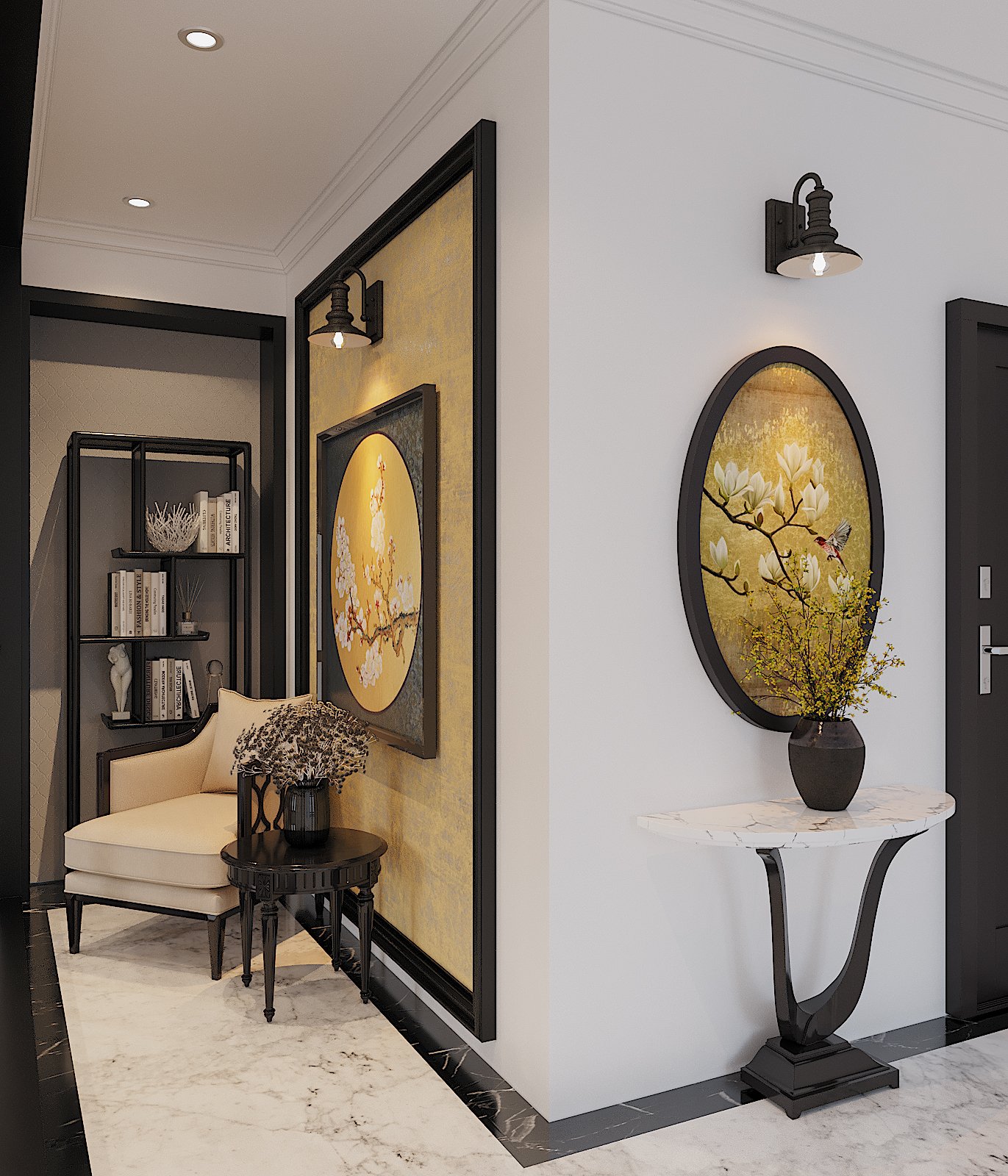 Tường h&agrave;nh lang, g&oacute;c đọc s&aacute;ch được trang tr&iacute; bằng những bức tranh sơn m&agrave;i c&ugrave;ng t&ocirc;ng với bức b&iacute;ch họa ở ph&ograve;ng kh&aacute;ch.