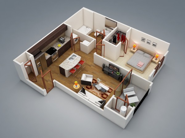 Mẫu thiết kế nội thất căn hộ 1 phòng ngủ hiện đại, thoải mái với các tiện nghi sang trọng như bồn tắm lớn, đảo bếp kiêm bar và bàn ăn tọa lạc ở trung tâm khu vực sinh hoạt chung.