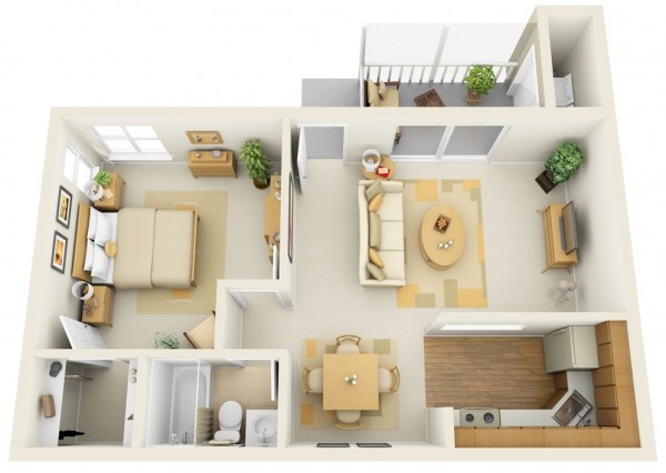 Mặt bằng căn hộ 1 phòng ngủ mở với nội thất gỗ sắc nét, màu sáng, tủ quần áo rộng rãi, kho lưu trữ trong bếp, phòng giặt riêng biệt. Cùng với đó là ban công thoáng đãng.