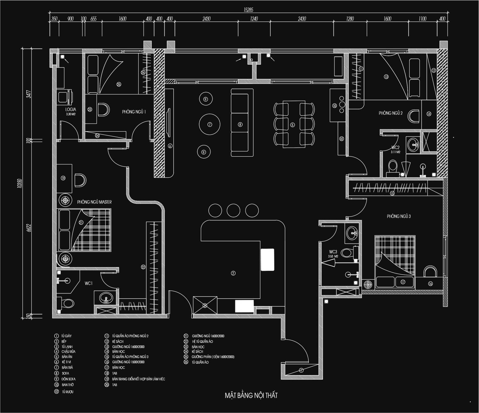 Mặt bằng bố trí nội thất căn hộ 150m2 đập thông có 4 phòng ngủ.