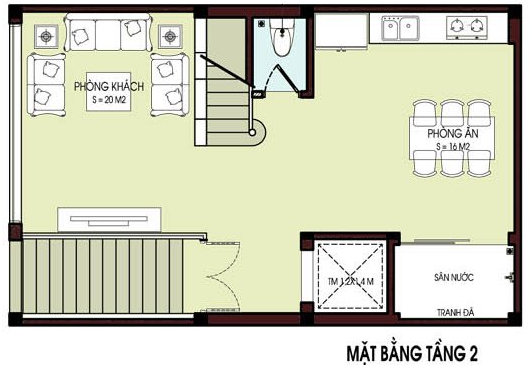 Mặt bằng bố trí nội thất tầng 2 nhà ống