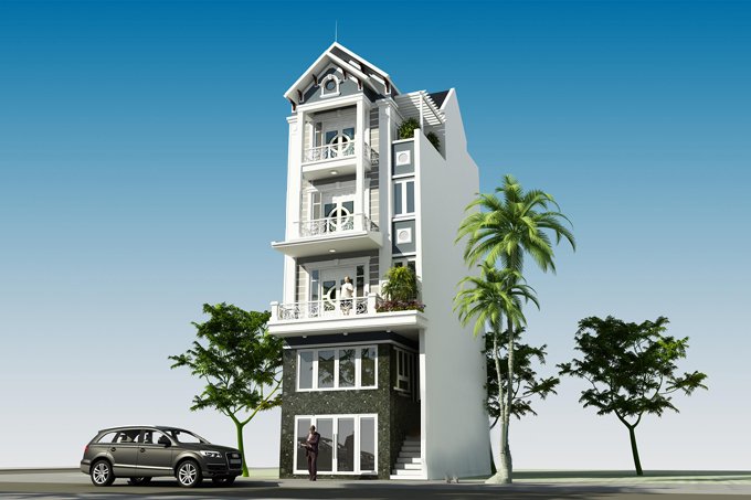 Phối cảnh 3D mẫu nhà ống 5 tầng kết hợp kinh doanh