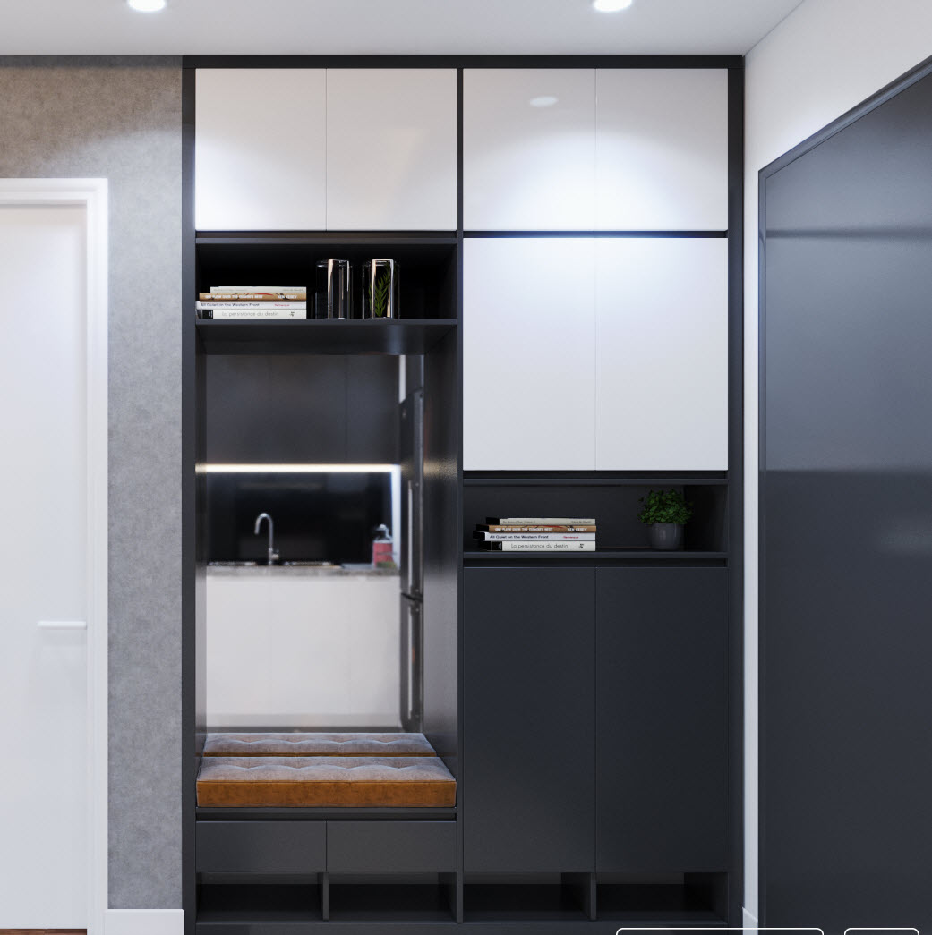 Lối vào căn hộ 70m2 nổi bật với hệ tủ lưu trữ âm tường, cao kịch trần và đệm ngồi êm ái.