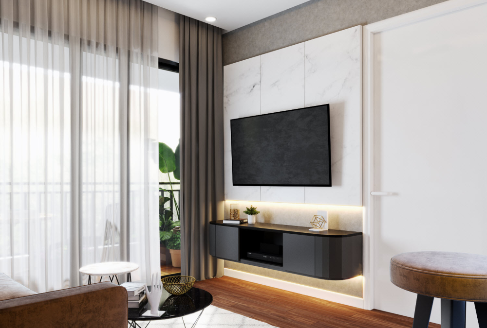 Kệ tivi màu đen cá tính nổi bật trên nền tường màu trắng thuần khiết. Lớp rèm cửa màu mỏng mảnh tạo cảm giác lãng mạn, giúp điều tiết linh hoạt ánh sáng tự nhiên vào phòng.