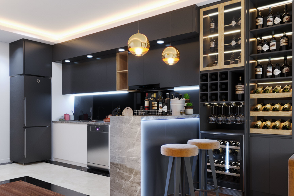 Hệ tủ trưng bày rượu vang nối dài từ phòng khách sang khu vực bar, bếp. Không chỉ phục vụ sở thích của gia chủ, kệ rượu còn là điểm nhấn trang trí hút mắt.