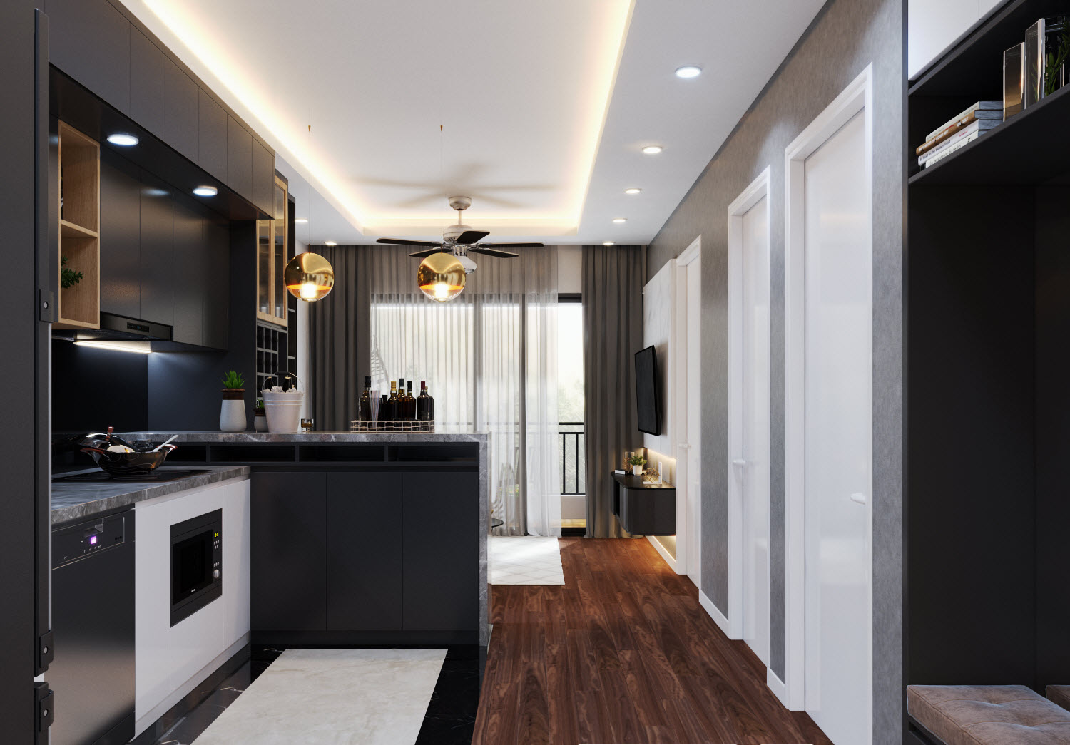 Sàn gỗ màu nâu cánh gián xuyên suốt không gian sinh hoạt chung mang lại cảm giác ấm áp, thân thiện và hài hòa với bảng màu đen - trắng chủ đạo.