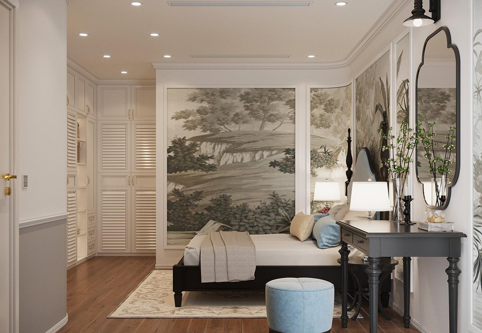 Quanh giường ngủ được bao phủ bởi tranh tường phong cảnh nhiệt đới xanh tươi, tạo cảm giác thư thái, dễ chịu, tốt cho giấc ngủ.