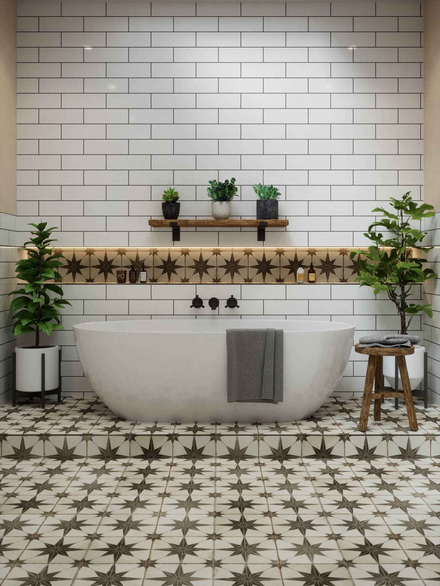 hình ảnh góc phòng tắm với gạch thẻ ốp tường, gạch lát họa tiết ngôi sao, bồn tắm lớn.