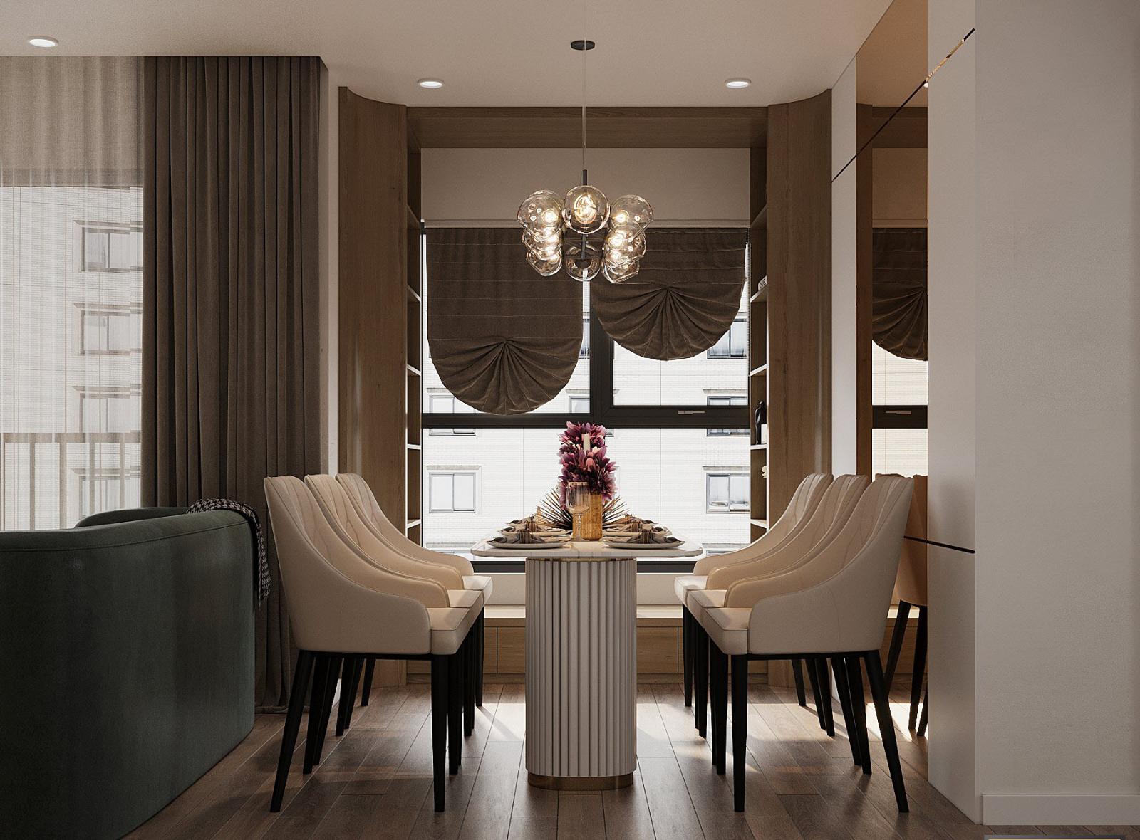 Ngay sau lưng ghế sofa l&agrave; ph&ograve;ng ăn sang trọng, đủ chỗ cho 6 người c&ugrave;ng l&uacute;c. Điểm cộng trong căn hộ 75m2 n&agrave;y l&agrave; tất cả c&aacute;c ph&ograve;ng chức năng đều đ&oacute;n được &aacute;nh s&aacute;ng tự nhi&ecirc;n.