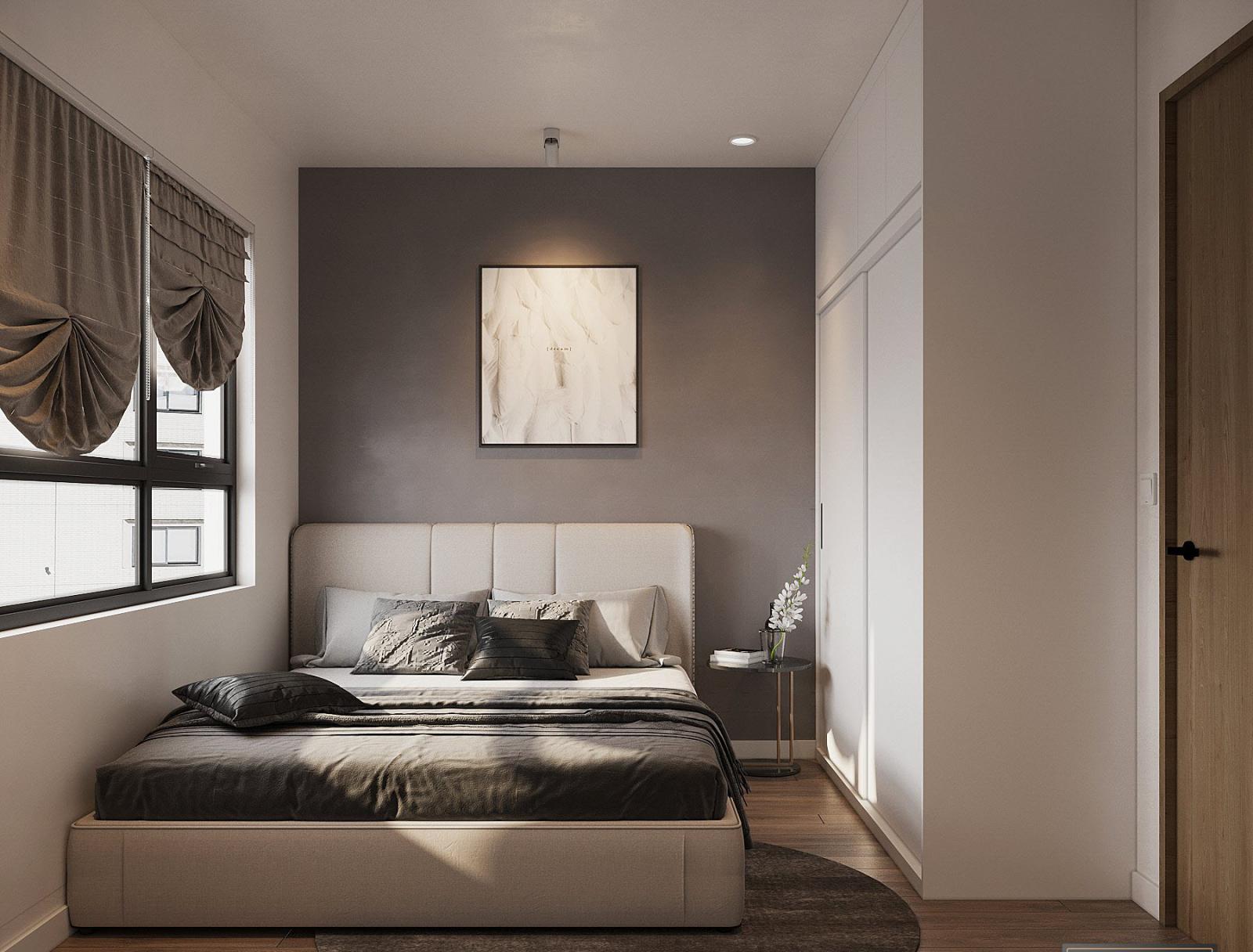 Ph&ograve;ng ngủ thứ hai trong căn hộ 75m2 c&oacute; thiết kế nội thất tương tự, tuy nhi&ecirc;n thi&ecirc;n về bảng m&agrave;u trắng x&aacute;m thanh lịch. Cửa sổ k&iacute;nh đ&oacute;n s&aacute;ng tự nhi&ecirc;n, tạo cảm gi&aacute;c tho&aacute;ng rộng hơn.
