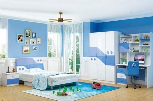 Mẫu thiết kế nội thất ph&ograve;ng ngủ con trai với gam m&agrave;u trắng - xanh dương điển h&igrave;nh. Nội thất đồng bộ gi&uacute;p tối ưu h&oacute;a kh&ocirc;ng gian sử dụng.