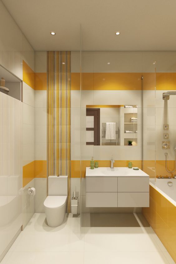 Sắc v&agrave;ng tươi của gạch ốp nhấn nh&aacute; mang đến sự sinh động, tươi mới v&agrave; tr&agrave;n đầy năng lượng cho ph&ograve;ng tắm, vệ sinh trong biệt thự 2 tầng m&aacute;i Th&aacute;i.