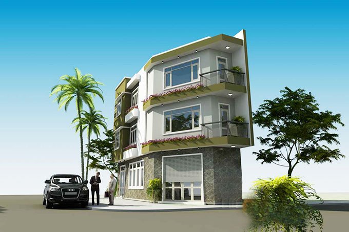 Phối cảnh 3D mẫu nhà lô góc 3 tầng phong cách hiện đại