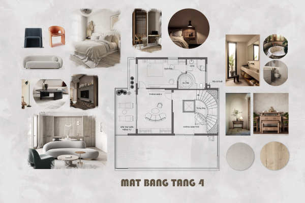Mặt bằng tầng 4 biệt thự gồm 1 ph&ograve;ng kh&aacute;ch, 1 ph&ograve;ng ngủ c&oacute; vệ sinh kh&eacute;p k&iacute;n, ph&ograve;ng thờ v&agrave; s&acirc;n thượng trồng c&acirc;y xanh.