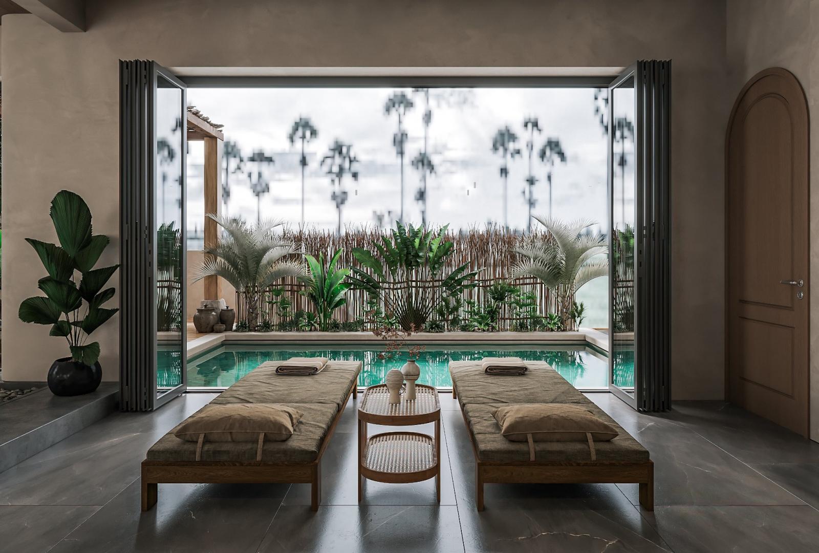 Khu vực bể bơi gia đình trên tầng 2 biệt thự được thiết kế tựa như resort nghỉ dưỡng.