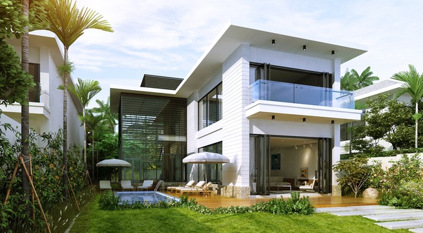 hình ảnh ngôi nhà hiện đại có sân vườn xanh mát minh họa cho hoàn công nhà