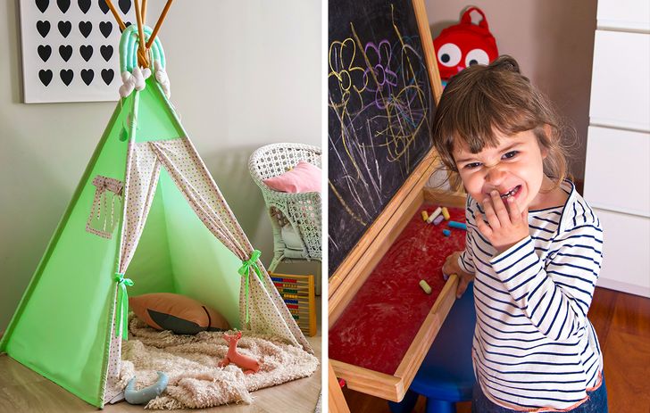 Mẹo trang trí phòng bé đẹp, an toàn, tiện dụng. cận cảnh bé gái cạnh lều màu xanh trong phòng ngủ