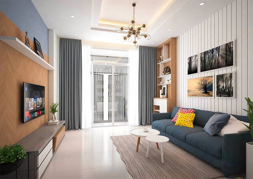 Phòng khách nhà ống hiện đại Phòng khách nhà ống hiện đại, đảm bảo cả về công năng lẫn tính thẩm mỹ. Căn phòng trông rất thoáng gọn, đẹp mắt.