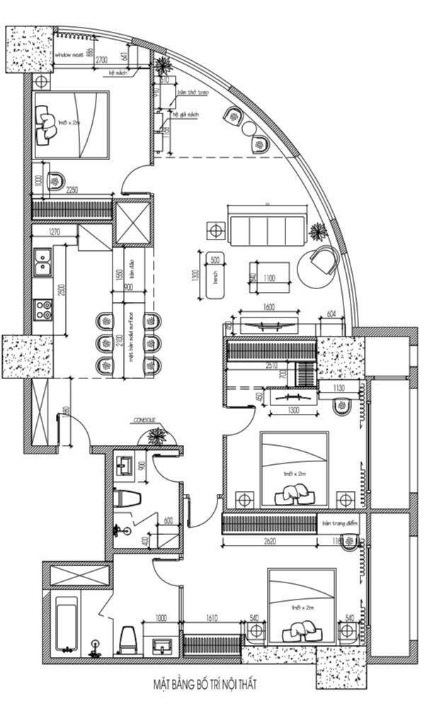 Mặt bằng bố tr&iacute; nội thất căn g&oacute;c 3 ph&ograve;ng ngủ 150m2