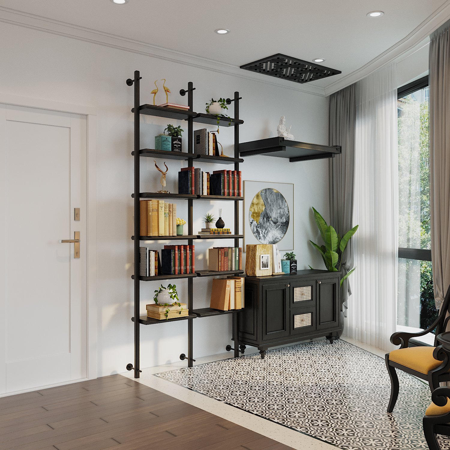 Vật liệu lát sàn tạo sự phân tách tương đối giữa các khu vực chức năng. Giá sách vừa là bổ sung không gian lưu trữ, vừa là điểm nhấn trang trí.